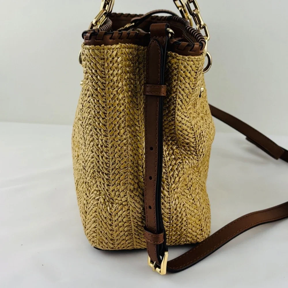 Michael Kors Straw Rattan Brown Leather Gold Chain Summer Bag Purse